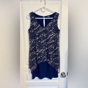 SLNY Navy Cocktail Dress Sheer Overlay Gold Sparkle size 6